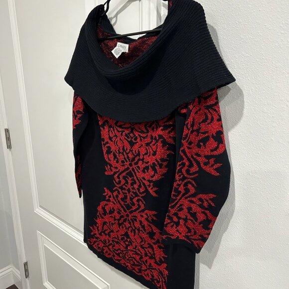 Carmen Carmen Marc Valvo Off The Shoulder Sweater Dress Red Black Sz XL Damask - Picture 5 of 10